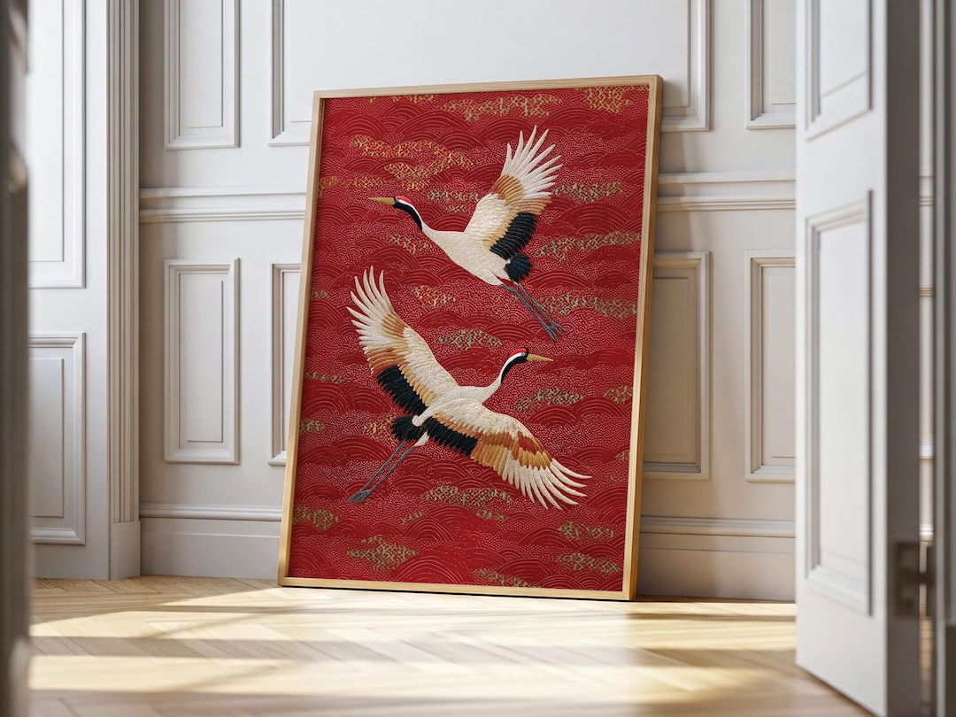 Japanese Crane Bird Wall Art | Red Gold Oriental Print | Asian Home ...