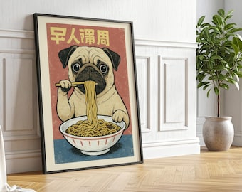 Ramen Mops Poster: Lustiger Kawaii japanischer Wand-Kunst-Druck
