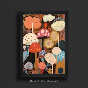 Lámina artística de hongos caprichosos: decoración botánica colorida para pared, inspirada en Yayoi Kusama, arte abstracto natural, póster bohemio cottagecore