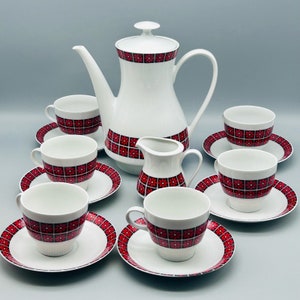 MCM Mitterteich Bavaria Porcelain Red And Black Flower Retro Coffee/Tea Pot, Creamer, Cups And Saucers Set 14 Pieces