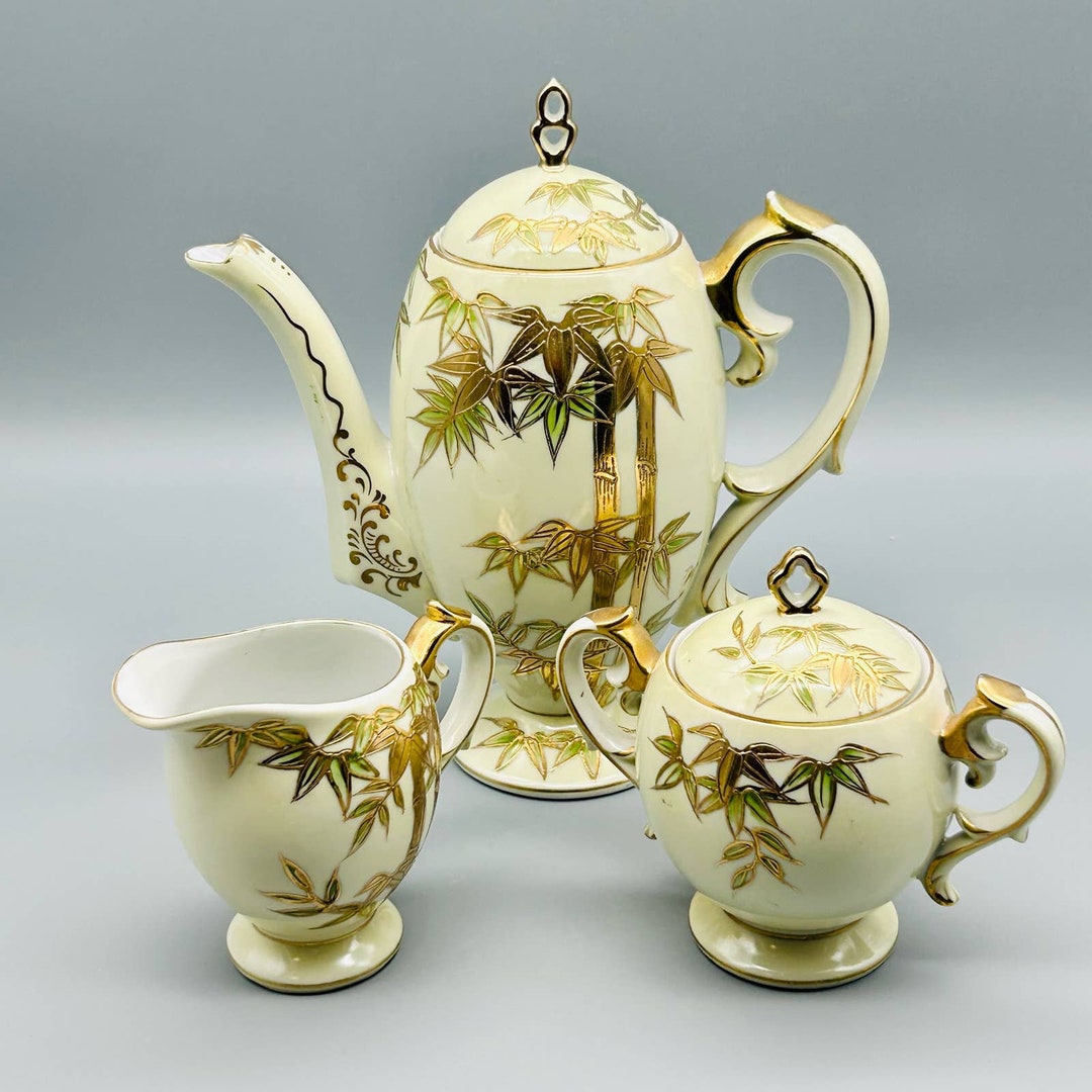 Vintage Craftsman China 24k Bamboo Design Teapot, Creamer and Sugar Bowl Set Etsy