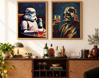 May include: Two framed wall art prints featuring stylized portraits of a Stormtrooper and Darth Vader, each holding a glass of amber liquid. The prints are displayed above a wooden sideboard with cane cabinet doors and a built-in wine rack.