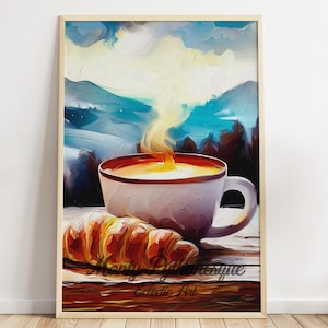 PRINTABLE Coffee Croissant Kitchen Wall art digital download print, canvas painting, Cafe home decor poster artwork, Misty Mountain Top