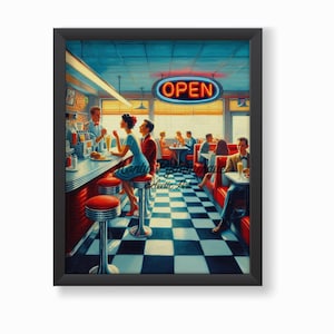 Printable Eclectic Retro Diner digital wall art poster print, Kitchen decor, Canvas Painting digital download print| All American Diner