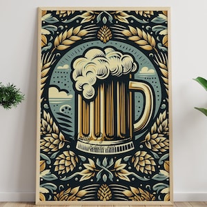 Printable Vintage Beer hops brew wall art painting print, digital download brewery poster artwork, Kitchen wall, Bar decor | Medieval Brew