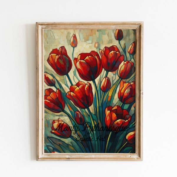 Printable Eclectic Red Tulip Field Wall Art| Digital Floral Print Download| Accent Wall, Living room, Bedroom, Home Decor| 'Crimson Tulips'
