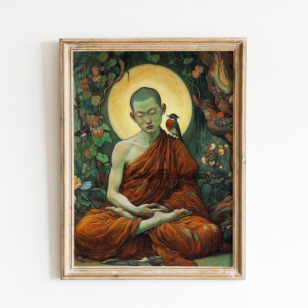 Printable Eclectic Original Vintage Buddhist wall art, Meditation digital download print, Home decor, Monk & Bird art| 'Garden of Zen'