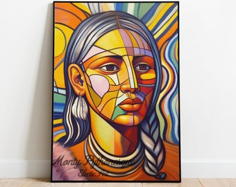 Art abstrait éclectique original de femme indigène de style Picasso imprimable à imprimer pour le salon, galerie | Impression numérique téléchargeable| « Rêverie tribale »