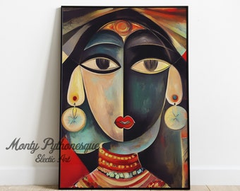 PRINTABLE Eclectic Original wall Art| Ascent wall, Living room modern art, Picasso Style Indian woman | Digital Download| 'Mythical Muse'