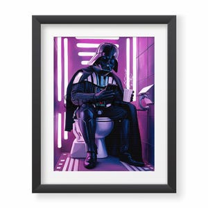 May include: Framed art print featuring Darth Vader in a bathroom setting, seated on a toilet while using a smartphone and holding a mug. The artwork has a purple and white color scheme, with a humorous and pop culture theme.