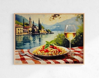 May include: Watercolor painting of a plate of spaghetti with cherry tomatoes and basil, a glass of white wine, and a fork on a red and white checkered tablecloth. The background shows a lakeside village.