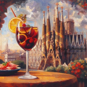 PRINTABLE Vintage Spain Barcelona Canvas Painting Travel Wall art digital download print, Sangria Tapas Spanish poster art| Gaudi Indulgence