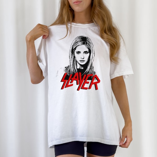 Buffy/Slayer Mashup Tee- Buffy the Vampire Slayer- Rock-N-Roll Halloween- Unisex Garment-Dyed T-shirt