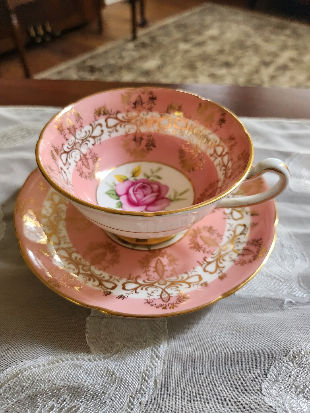 Pink and Gold Rose Royal Grafton China Saucer and Teacup Etsy