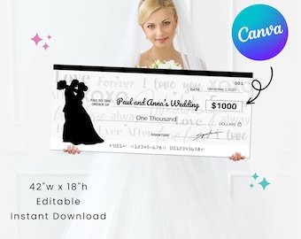 Large Wedding Cheque 1.0 | 42 x 18" | Perfect for Wedding Gift | Editable Canva | Printable Template | Digital Download