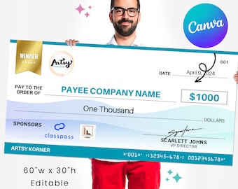 Super Large Cheque 8.0 | 60 x 30&quot; | Perfect for Charity Fundraising Event | Editable in Canva | Printable Template | Digital Download