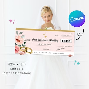 Può includere: Un modello di buono regalo di nozze stampabile con un design rosa e oro. Il buono regalo misura 42 pollici di larghezza per 18 pollici di altezza. Presenta un motivo floreale con due anelli dorati e il testo "Paul and Anna's Wedding" e "One Thousand Dollars".
