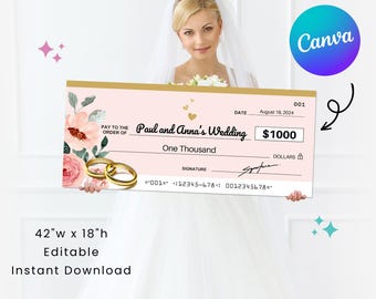 Large Wedding Cheque 2.0 | 42 x 18" | Perfect for Wedding Gift | Editable in Canva | Printable Template | Digital Download