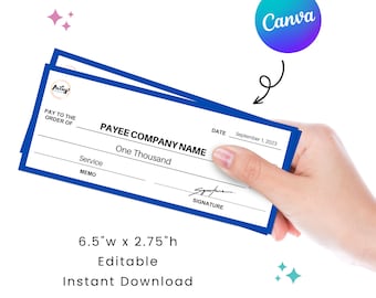 Small Cheque 1.0 | Manifestation Check | 6.5 x 2.75&quot; | Perfect for Charity Fundraising Event | Editable in Canva | Digital Download