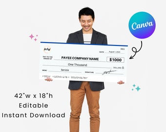 Large Cheque 2.0 | 42 x 18&quot; | Perfect for Charity Fundraising Event | Editable in Canva | Printable Template | Digital Download