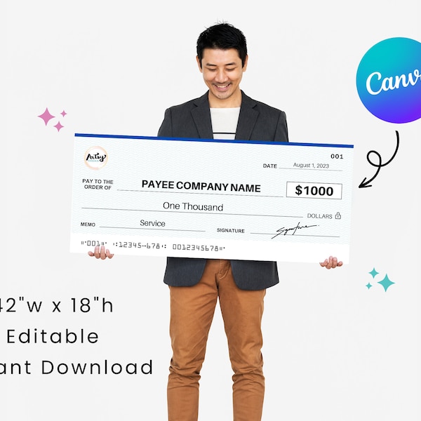 Large Cheque 2.0 | 42 x 18" | Perfect for Charity Fundraising Event | Editable in Canva | Printable Template | Digital Download