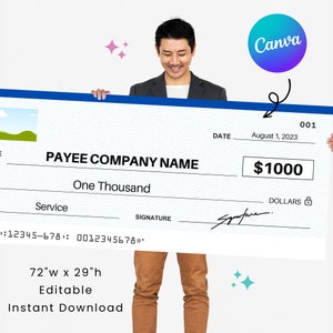 Puede incluir: Un cheque azul y blanco con el texto "PAYEE COMPANY NAME" y "One Thousand" impreso en él. El cheque está fechado el 1 de agosto de 2023 y tiene un valor de $1000. El cheque mide 72 pulgadas de ancho por 29 pulgadas de alto.
