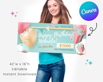 Happy Birthday Large Cheque 3.0 | 42 x 18" | Perfect for Charity Fundraising Event | Editable in Canva | Printable Digital Download