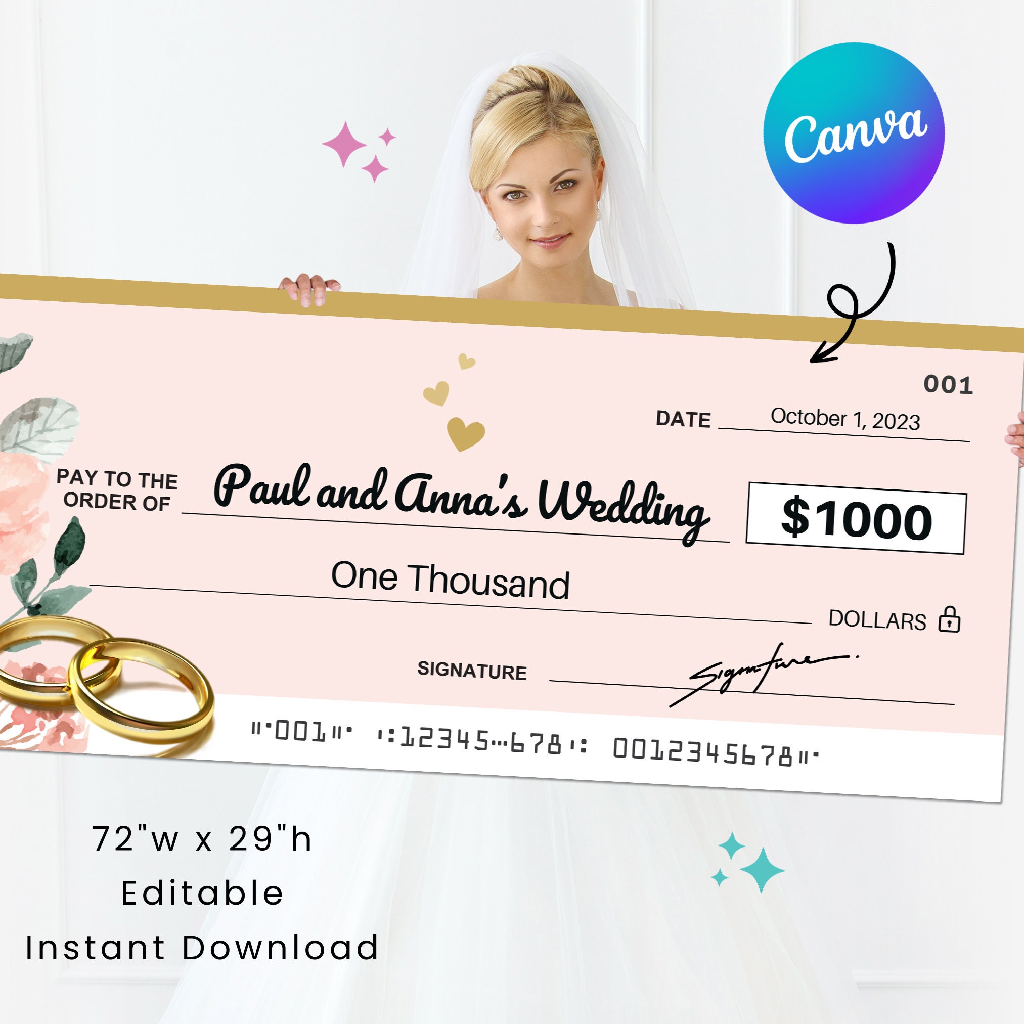 Mega Super Large Wedding Cheque 2.0 | 72 x 29" | Perfect for Wedding Gift | Editable Canva | Printable Template | Digital Download