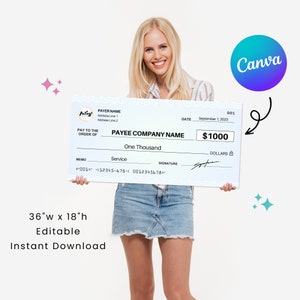 Cheque mediano 4.0 / 91 x 45 cm / Perfecto para eventos benéficos / Editable en Canva / Plantilla imprimible / Descarga digital