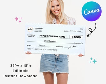 Medium Cheque 4.0 | 36 x 18&quot; | Perfect for Charity Fundraising Event | Editable in Canva | Printable Template | Digital Download