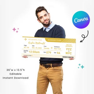 Medium Boarding Pass Ticket Sign 2.0 | Gift for Travellers | 36x13.5in | Editable in Canva | Personalized Customizable Travel Decor