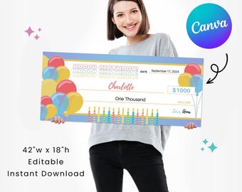 Happy Birthday Large Cheque 1.0 | 42 x 18" | Perfect for Birthday Event | Editable in Canva | Printable Template | Digital Download