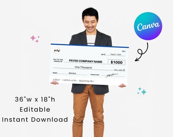 Medium Cheque 2.0 | 36 x 18&quot; | Perfect for Charity Fundraising Event | Editable in Canva | Printable Template | Digital Download