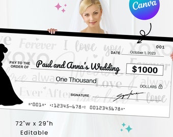 Mega Super Large Wedding Cheque 1.0 | 72 x 29" | Perfect for Wedding Gift | Editable Canva | Printable Template | Digital Download