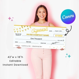 Congratulazioni assegno grande / 42 x 18" / Perfetto per eventi di raccolta fondi di beneficenza / Modificabile in Canva / Modello stampabile / Download digitale