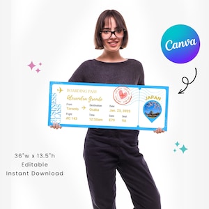 Könnte beinhalten: Eine blaue und weiße druckbare Bordkarte mit dem Text "BOARDING PASS" und "Alexandra Grande" in goldenen Buchstaben. Die Karte enthält auch den Text "From Toronto" und "Destination Osaka" mit einem Flugzeugsymbol dazwischen. Die Karte enthält auch den Text "Date Jan. 23, 2025", "Time 12:50am", "Gate E79", und "Seat 9A". Die Karte hat ein rotes Herz mit dem Text "Love Bali" darauf. Die Karte hat auch ein blaues und weißes Bild eines japanischen Kirschbaums mit dem Text "JAPAN" darüber.