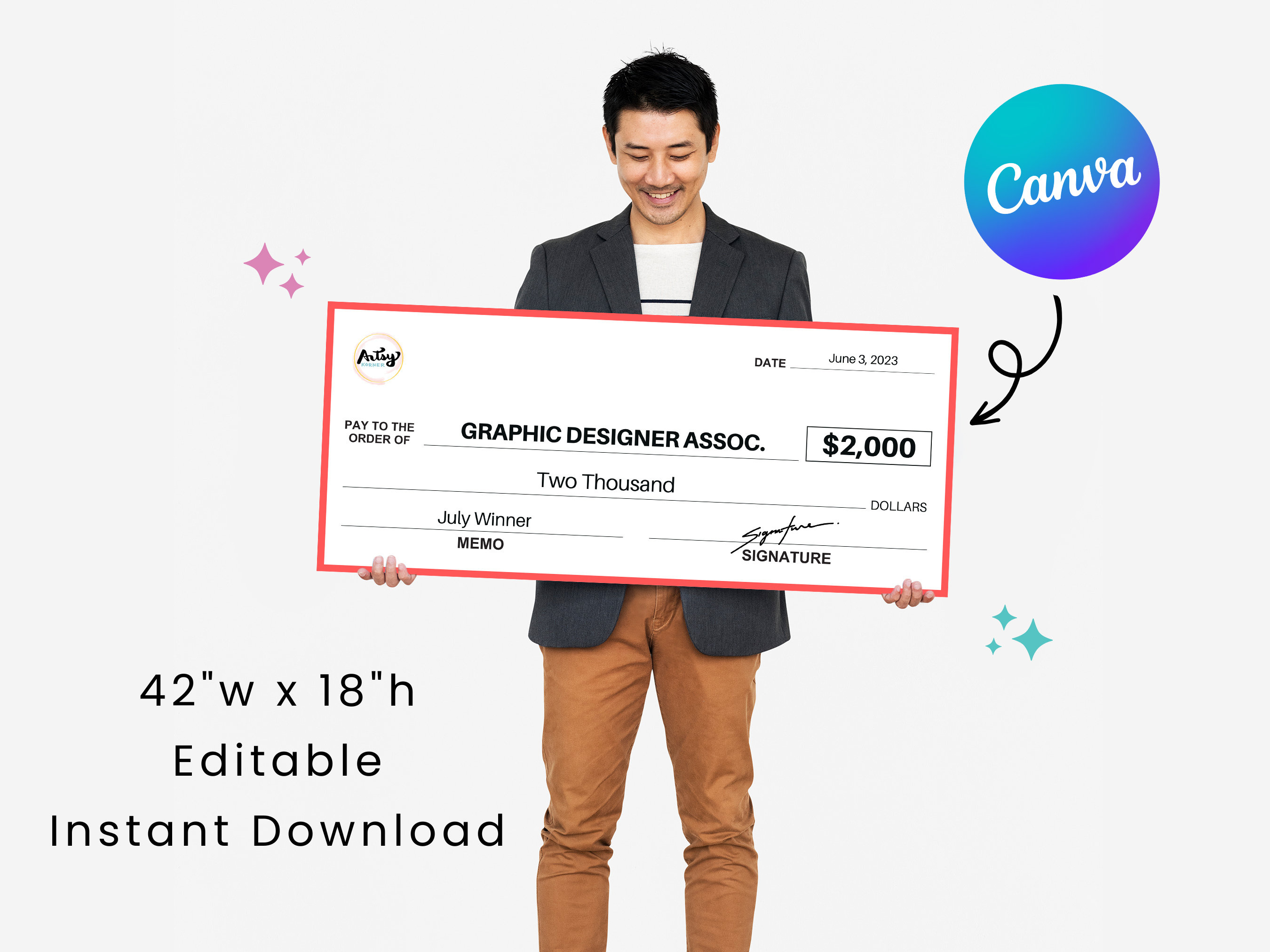 Large Cheque | 42 x 18" | Perfect for Charity Fundraising Event | Editable in Canva | Printable Template | Digital Download