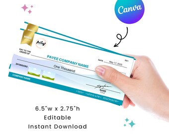 Small Cheque 8.0 | Manifestation Check | 6.5 x 2.75&quot; | Perfect for Charity Fundraising Event | Editable in Canva | Digital Download