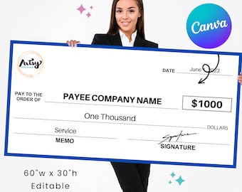 Cheque súper grande / 60 x 30" / Perfecto para eventos de recaudación de fondos benéficos / Editable en Canva / Plantilla imprimible / Descarga digital