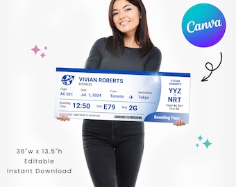 Medium Boarding Pass Ticket Sign 1.0 | Gift for Travellers | 36x13.5in | Editable in Canva | Personalized Customizable Travel Decor
