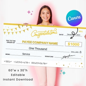 Gefeliciteerd supergrote cheque | 60 x 30" | Perfect voor liefdadigheidsfondsenwervingsevenement | Bewerkbaar in Canva | Afdrukbare sjabloon | Digitale download