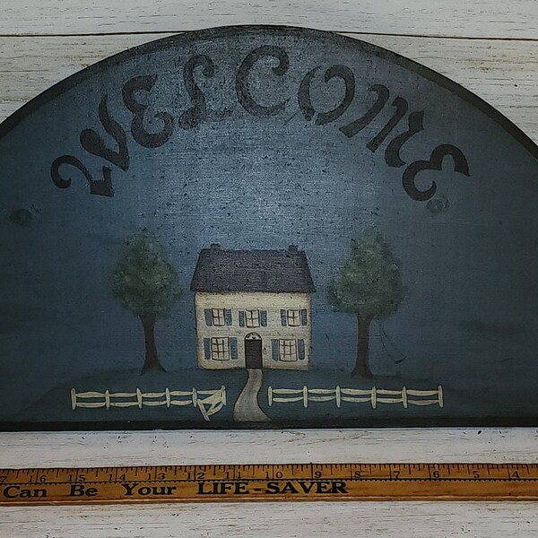 WELCOME SIGN Above Door Sign For Welcoming Guests Colonial Primitive Wooden Half MOON Design for Above Entryway Blue Brown Home Style Cozy