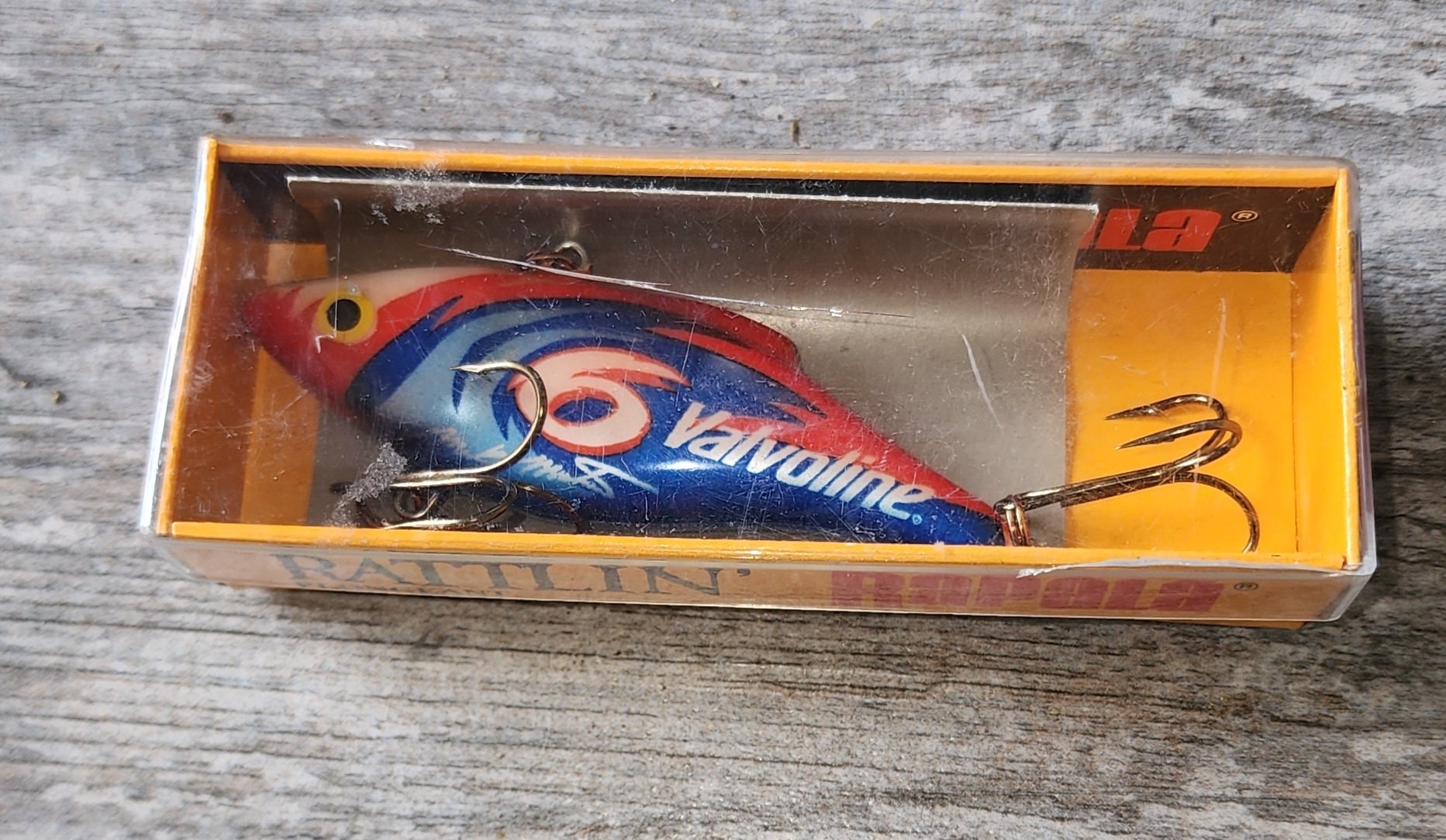 VALVOLINE FISHING LURE rattlin rapala blue red and silver multi hook never  used never out of box