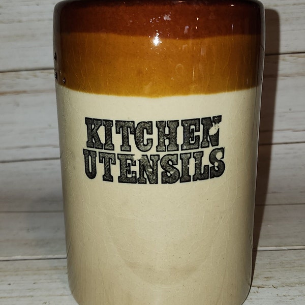 Stoneware Brown UTENSIL Holder for the Kitchen Printed on one Side PLAIN on the Other Side Use Either Way or for ANYTHING plant a flower