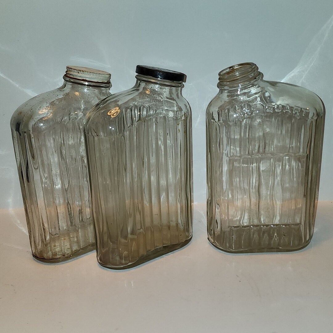 3 OLD GLASS Containers RETRO Juice Bottles From the 1950s Heavy Glass