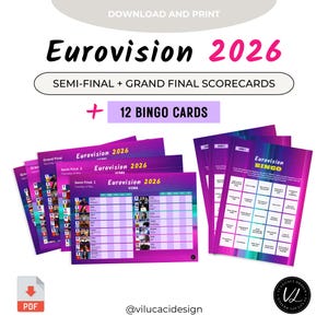 Bingo imprimable EUROVISION 2026 + Cartes de score avec images GRANDE FINALE | Fête de Bâle pour le Concours Eurovision de la Chanson