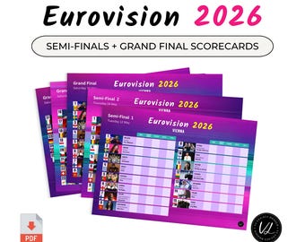 Tarjetas de puntuación imprimibles de EUROVISIÓN 2026 con imágenes / Festival de Eurovisión Viena / Paquete de tarjetas de puntuación para fiestas