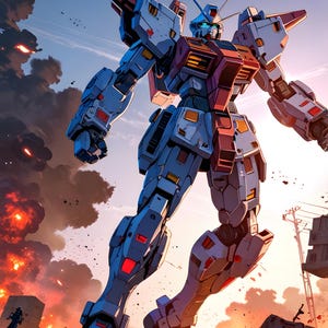 May include: A towering, detailed illustration of a blue, white, and red mecha robot in a war zone. The robot is in a dynamic pose, with explosions and smoke in the background. The sky is a mix of orange and blue.
