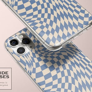 May include: Two clear phone cases with a blue and white checkered pattern. The pattern is a wavy, optical illusion design.