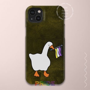 May include: A green phone case with a white goose holding a yellow, purple, and black pride flag. The text "PRIDE" is printed at the bottom of the case.